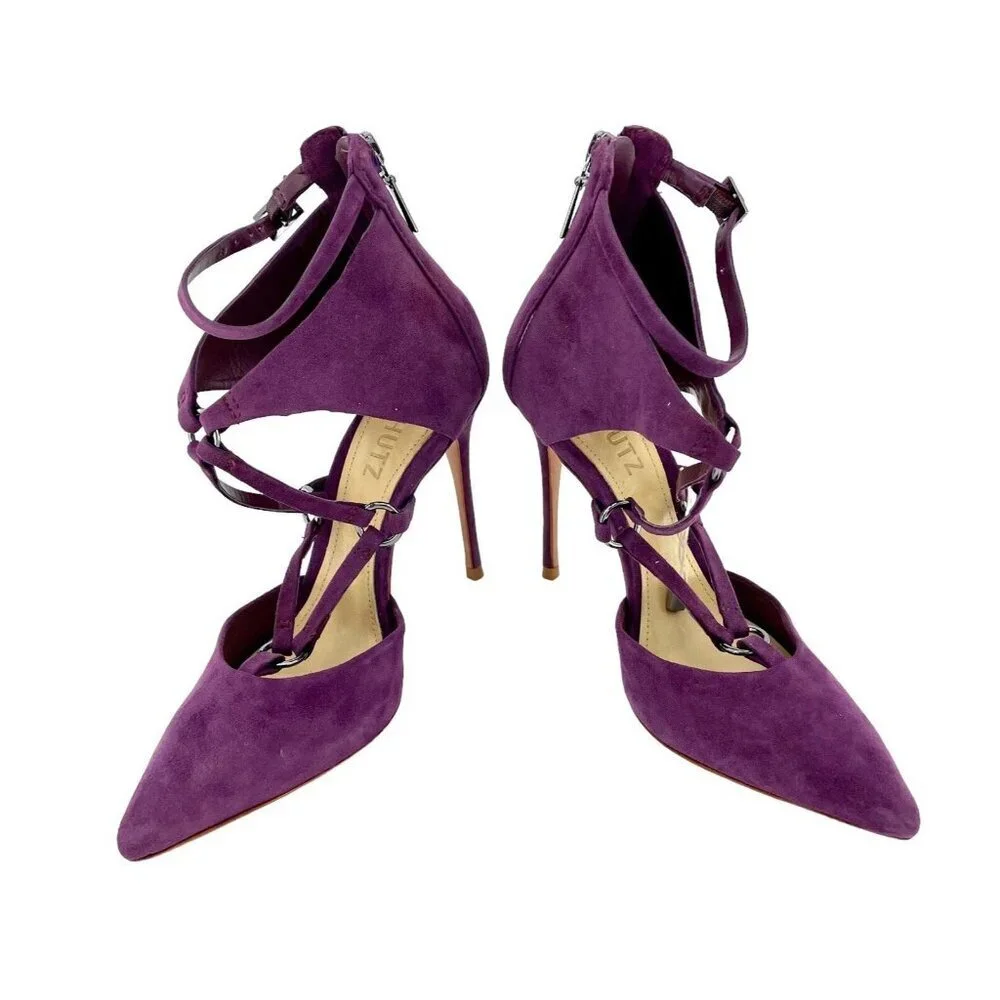 Schutz Dezi Purple Suede Leather Pointed Toe Stiletto Pumps Heels Sz 5 NIB